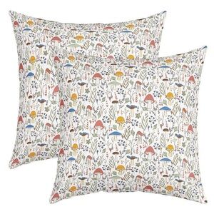 Mushroom Throw Pillow Covers 18"X18" 2 Kawaii Botanical Leaves White Multicolor